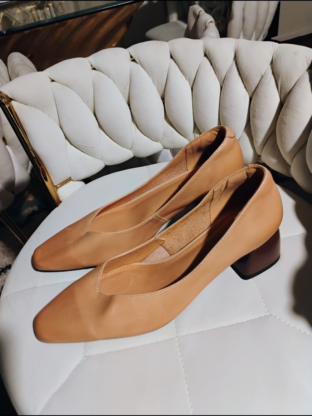Handmade Women’s Neutral Low Block Heel Pumps in Tan
